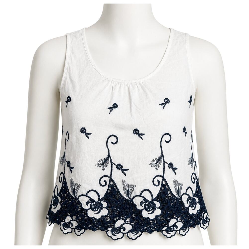 Ganji Tank Top S Blue White Floral Sleeveless 100% Cotton Boho Hippie STAIN